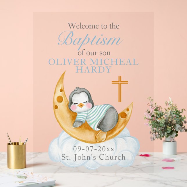 Señal Acrílica Baptismo Bienvenida Bebé Pingüino (Boda)