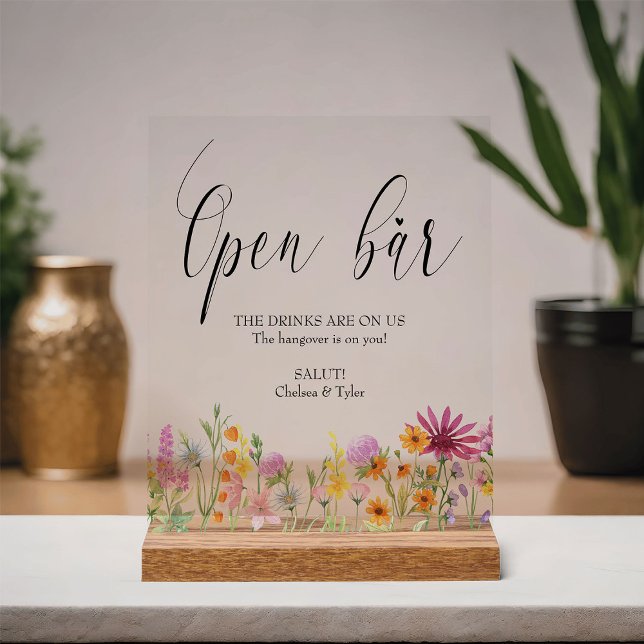 Señal Acrílica Bar abierto de Boda Wildflower Meadow (Open Bar sign from the Wildflower Meadow wedding collection by Darling & May)