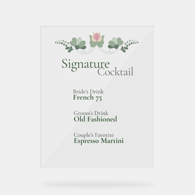 Señal Acrílica Bar de Cóctel de Firma de Boda Personalizado (Anverso)