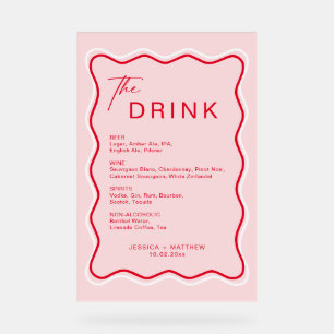 Señal Acrílica Barra de marco ondulado retro rojo y Boda rosa