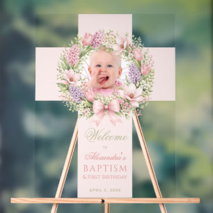 Señal Acrílica Bautismo Cumpleaños 1er Bienvenida Niña Foto Cruz