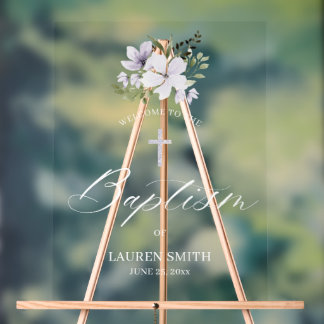 Señal Acrílica Bautismo floral Christening Elegant Script