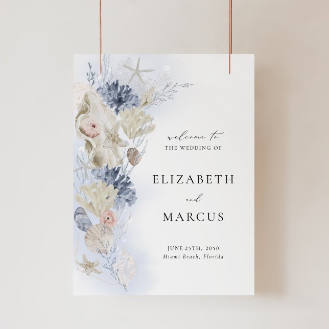 Señal Acrílica Beach Acrylic Wedding Welcome Sign Coastal Shell (Coastal acrylic wedding welcome sign with seashell, starfish, coral artwork for beach weddings)