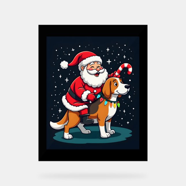 Señal Acrílica Beagle Xmas iluminando a Santa Riding Perro Beagle (Anverso)