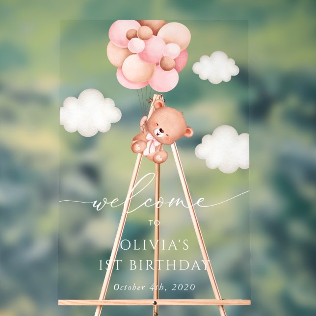 Señal Acrílica Bear Bebé, Globos Rosados, Bienvenida De Primer Cu (Neutral )