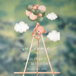 Señal Acrílica Bear Bebé, Globos Verdes, Primera Bienvenida De Cu