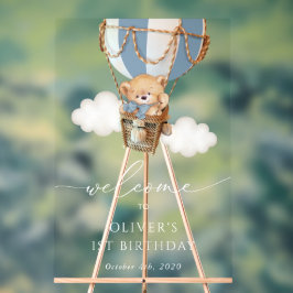 Señal Acrílica Bear, Blue Hot Air Balloon, Primera Bienvenida