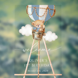 Señal Acrílica Bear, Blue Hot Air Balloon, Primera Bienvenida