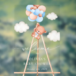 Señal Acrílica Bear de peluche, globos azules, bienvenida a Baby