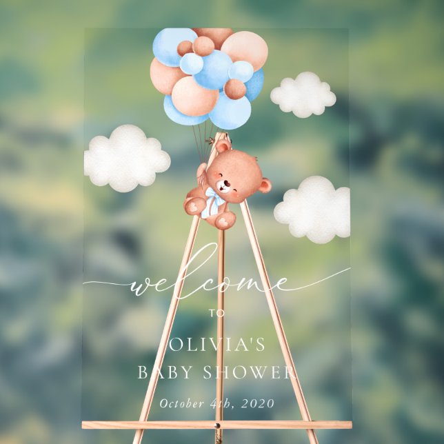 Señal Acrílica Bear de peluche, globos azules, bienvenida a Baby  (Neutral )