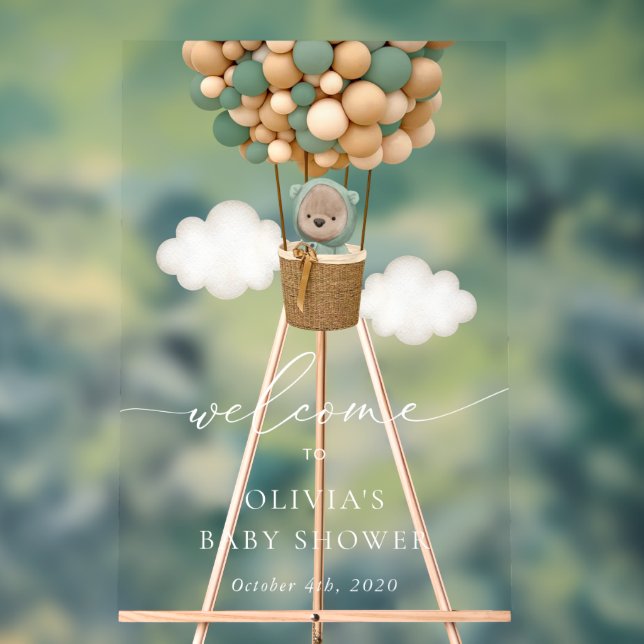 Señal Acrílica Bear de peluche, Globos verdes, bienvenida a Baby  (Neutral )