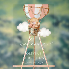 Señal Acrílica Bear, Globo De Aire Caliente Rosa, Bienvenida De P