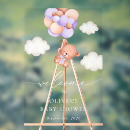 Señal Acrílica Bear, globos morados, bienvenida a Baby Shower