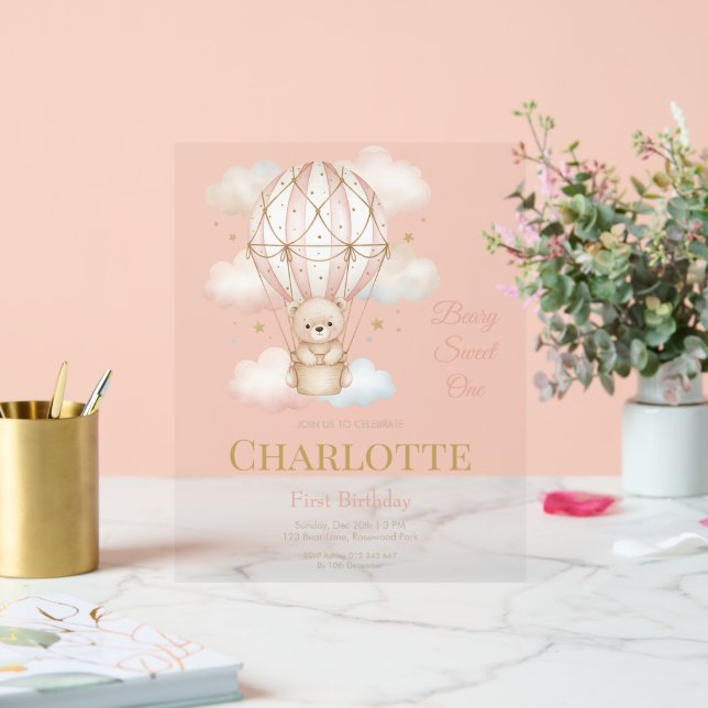 Señal Acrílica Beary  Hot Air Balloon 1st Birthday Invitation (Boda)