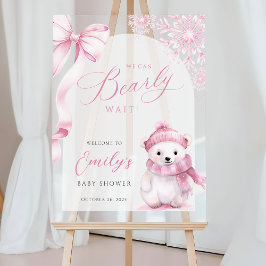 Señal Acrílica Beary Pink Winter Baby Shower Acrylic Welcome Sign