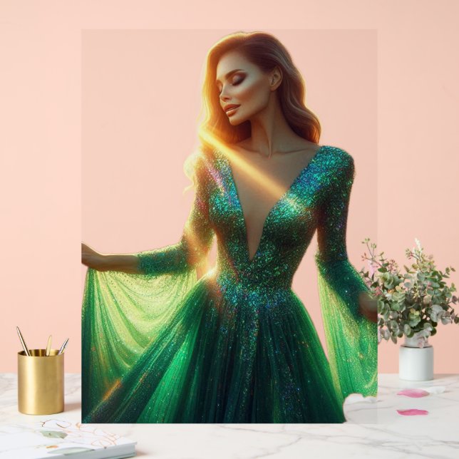 Señal Acrílica Beautiful Woman in a Green Dress on a 18x24  (Boda)
