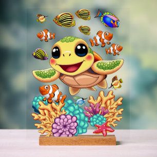 Señal Acrílica Bebé de tortuga marina feliz y con carácter