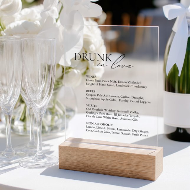 Señal Acrílica Bebé En Amor Boda Menú Bar Rótulo Acrílico (Drunk In Love Wedding Bar Menu Acrylic Sign)
