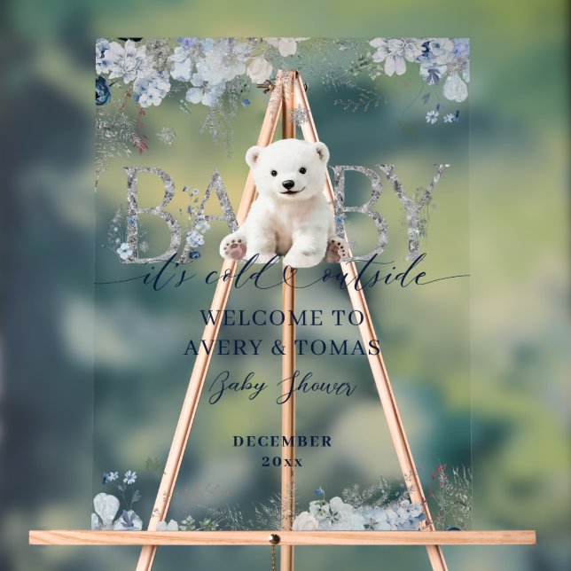Señal Acrílica Bebé frío afuera Floral & Bear Baby Boy Shower (Neutral )