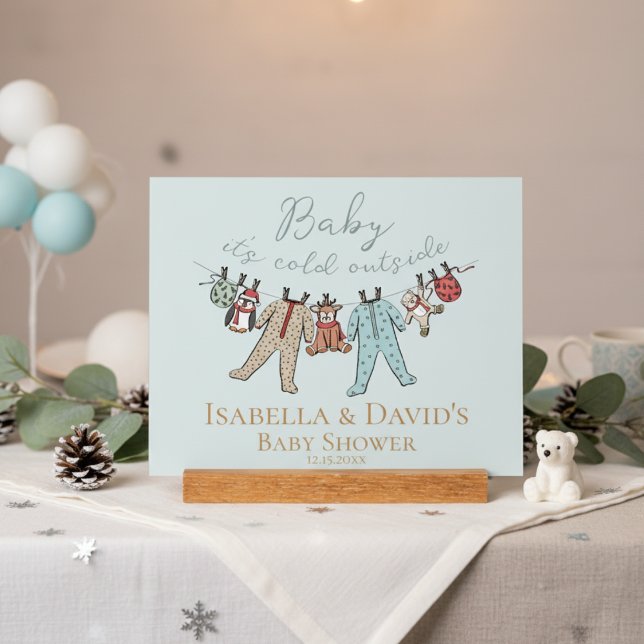 Señal Acrílica Bebé, frío fuera del Baby Shower invernal (Baby It's Cold Outside Baby Blue Winter Baby Shower Sign. Cute Winter Wonderland Animals & Pajamas)