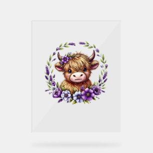 Señal Acrílica Bebé Vaca Highland Con Flores Púrpuras Escocia Lej