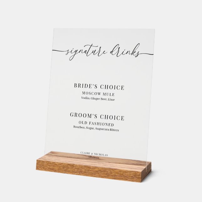 Señal Acrílica Bebidas con firma de bodas modernas y elegantes (Ángulo)