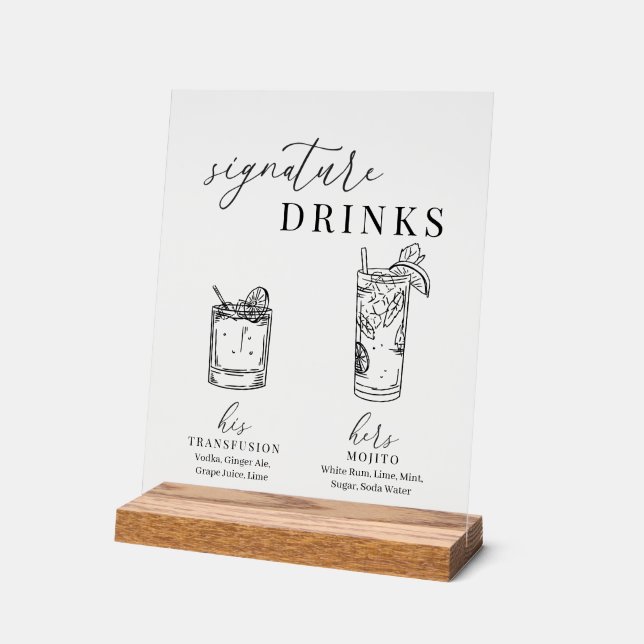 Señal Acrílica Bebidas elegantes de diseño blanco y negro (Ángulo)