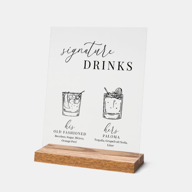 Señal Acrílica Bebidas elegantes de diseño blanco y negro (Ángulo)