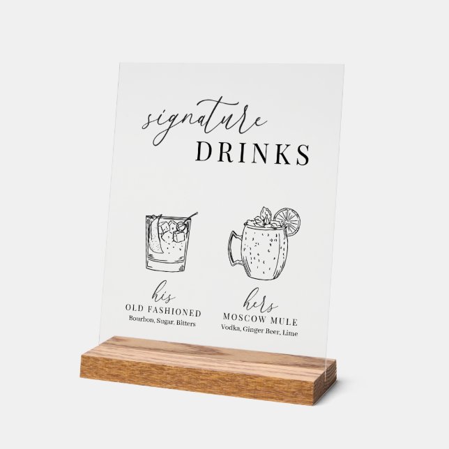 Señal Acrílica Bebidas elegantes de diseño blanco y negro (Ángulo)