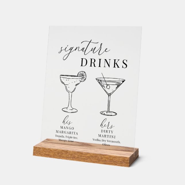 Señal Acrílica Bebidas elegantes de diseño blanco y negro (Ángulo)