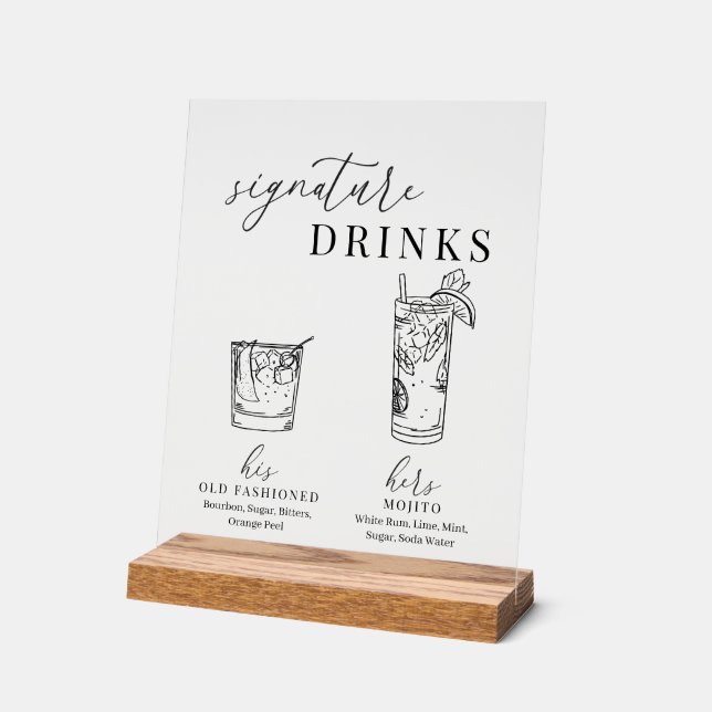 Señal Acrílica Bebidas elegantes de diseño blanco y negro (Ángulo)