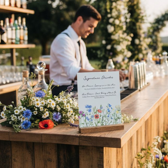 Señal Acrílica Bebidas emblemáticas para bodas con flores silvest (Rustic Wildflower Wedding Signature Drinks Acrylic Sign)