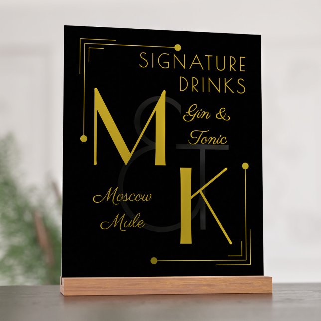 Señal Acrílica Bebidas Signature Art Deco Boda Años 20 (Just add your initials and signature drinks to this roaring 20s inspired acrylic sign)