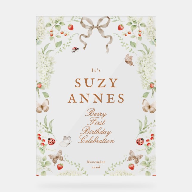 Señal Acrílica Berry First Birthday Party Welcome (Anverso)