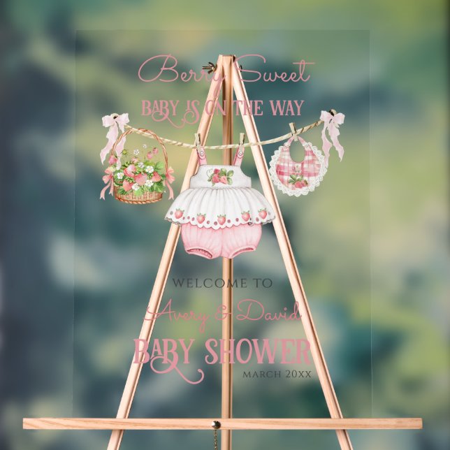 Señal Acrílica Berry Sweet Strawberry Bow Moderno Baby Girl Showe (Neutral )