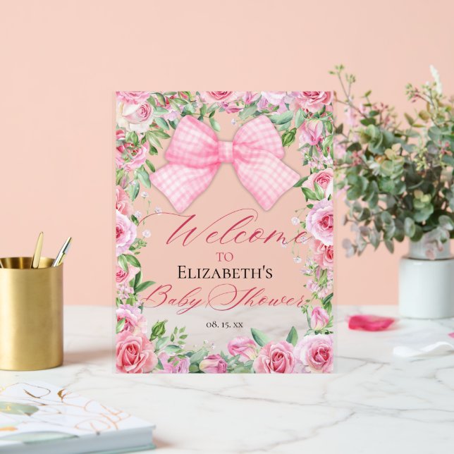 Señal Acrílica Bienvenida a Baby Shower de Coquette Pink Bow y Ro (Boda)