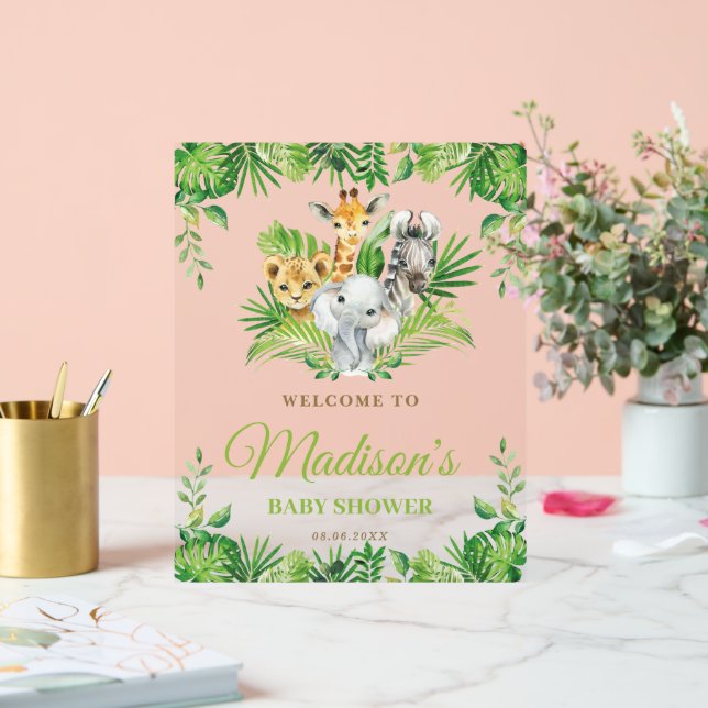 Señal Acrílica Bienvenida a Baby Shower de la verde de los animal (Boda)