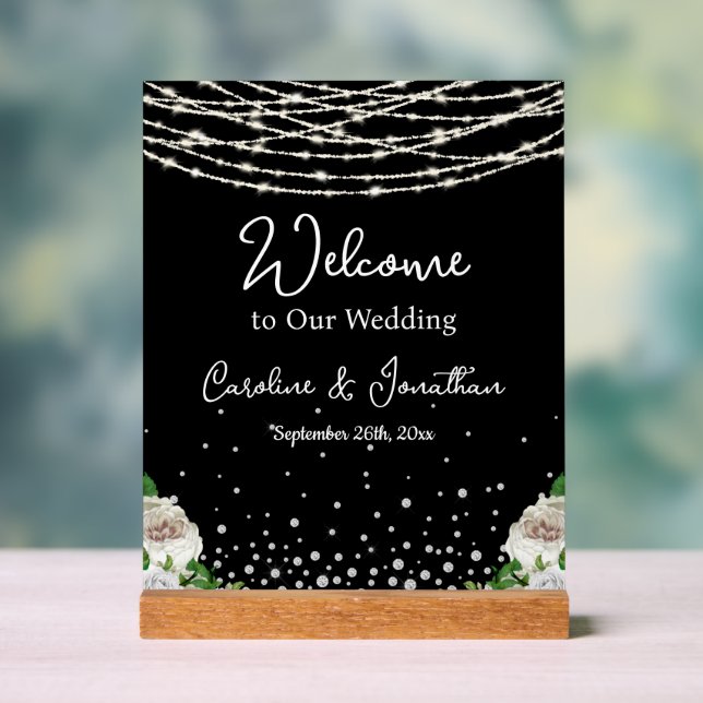 Señal Acrílica Bienvenida a Black Rustic White Roses String (Neutral )