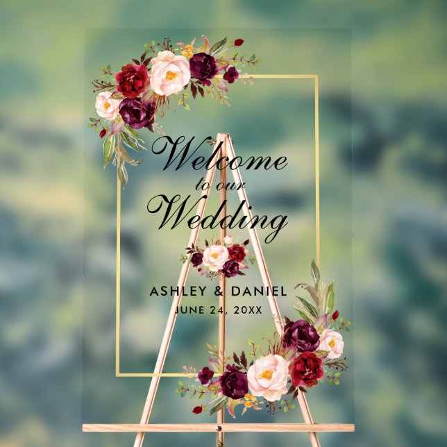Señal Acrílica Bienvenida a Boda acuarela Floral Burgundy Gold (Neutral )