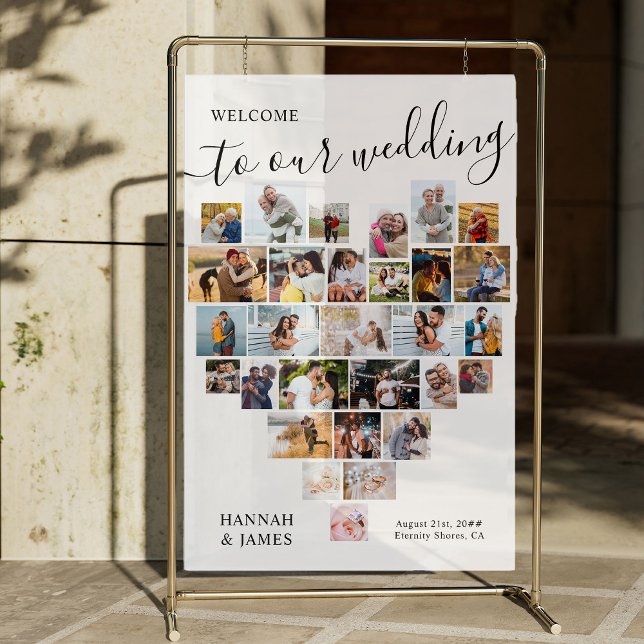 Señal Acrílica Bienvenida a Boda  Blanco Pic 29 Heart Collage de  (White acrylic wedding sign with heart shaped photo collage)