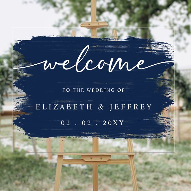 Señal Acrílica Bienvenida a Boda de cepillo de la marina moderna (Modern Navy Brush Strokes Wedding Welcome Acrylic Sign
)