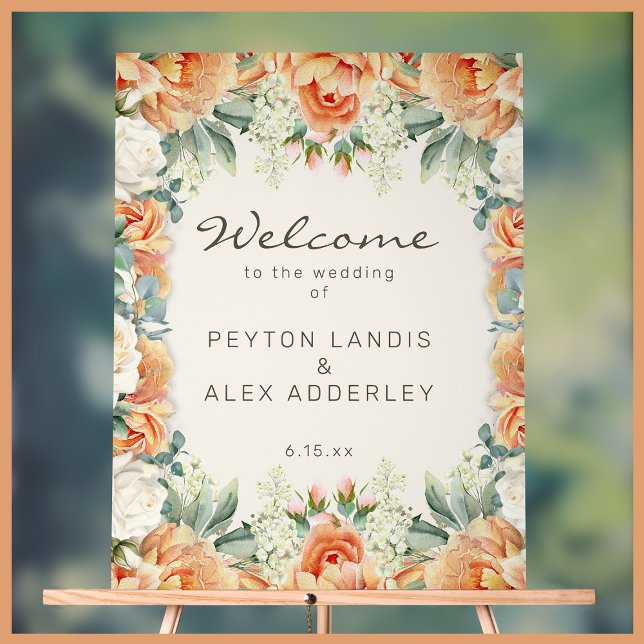 Señal Acrílica Bienvenida a Boda de Eucaliptos Florales de Crema  (Elegant peach and cream-colored watercolor floral acrylic wedding welcome sign)