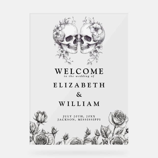 Señal Acrílica Bienvenida a Boda de Florales Góticas Skulls (Anverso)