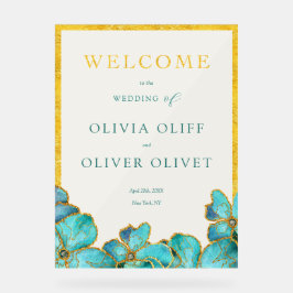 Señal Acrílica Bienvenida a Boda de Flores verde azuladas