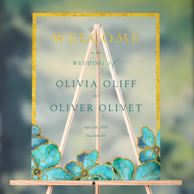 Señal Acrílica Bienvenida a Boda de Flores verde azuladas (Neutral )