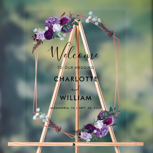 Señal Acrílica Bienvenida a Boda de guión morado floral (Neutral )