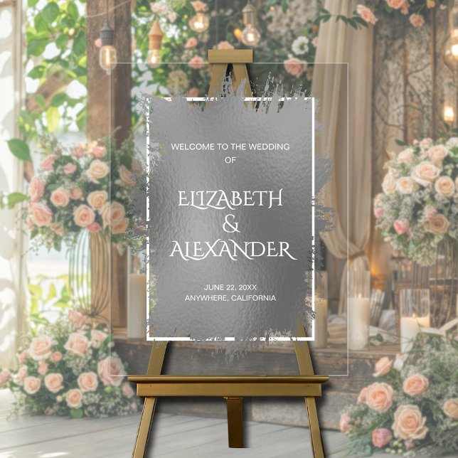Señal Acrílica Bienvenida a Boda de moda Silver Splash (Chic silver splash wedding welcome acrylic sign)