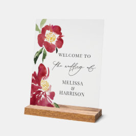 Señal Acrílica Bienvenida a Boda de Peonies Rojos