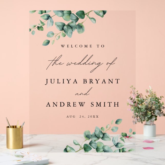 Señal Acrílica Bienvenida a boda del guión Greenery Eucalyptus (Boda)