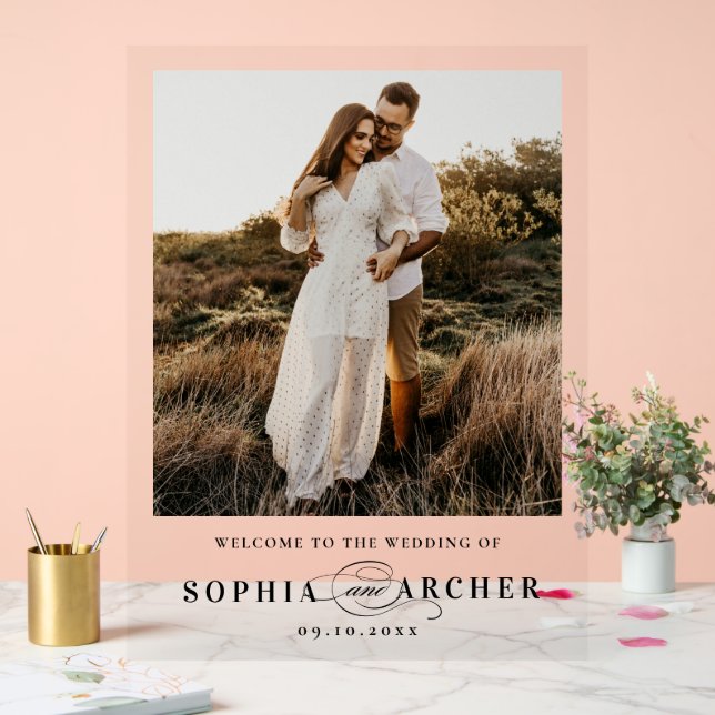 Señal Acrílica Bienvenida a Boda elegante de guiones fotográficos (Boda)